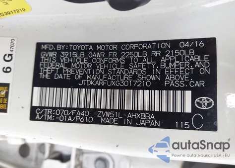 2016 Toyota Prius Two Eco z USA, uszkodzony, nr VIN JTDKARFUXG3017210